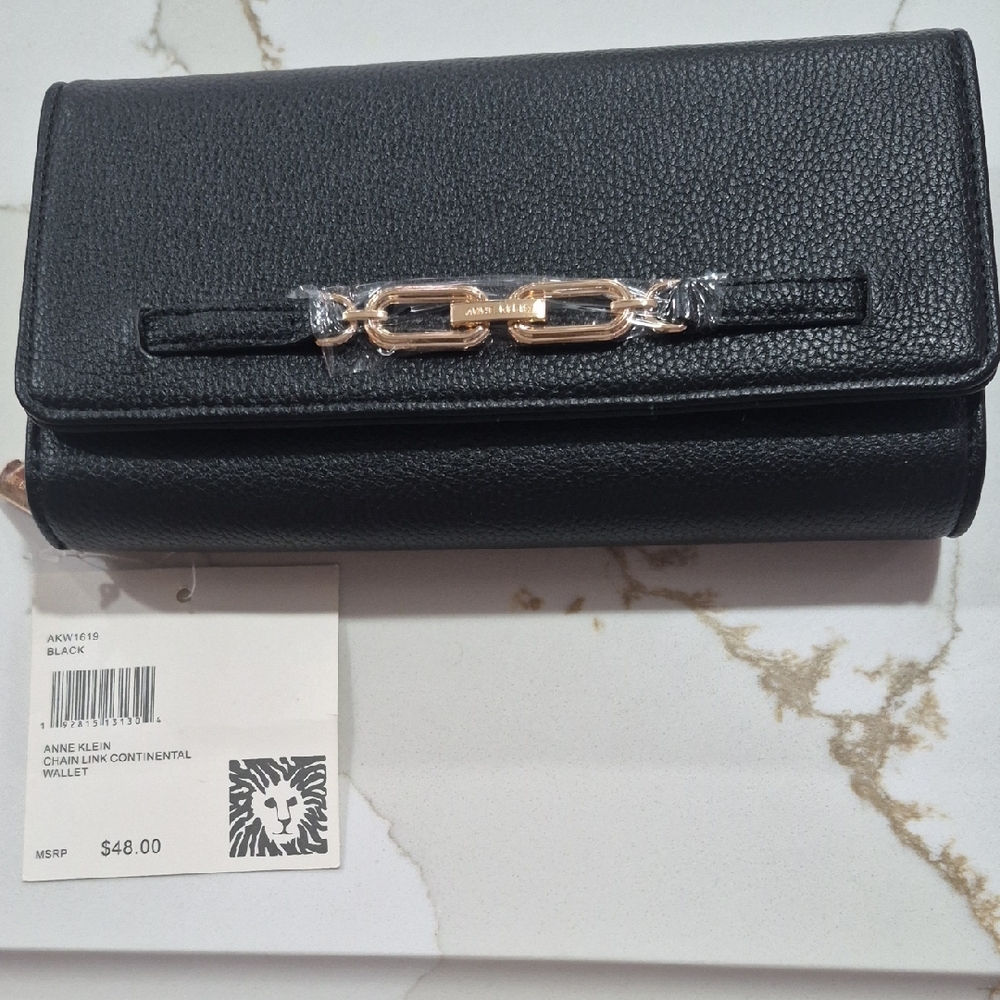 Anne Klein Black Wallet with Gold Chain Accent